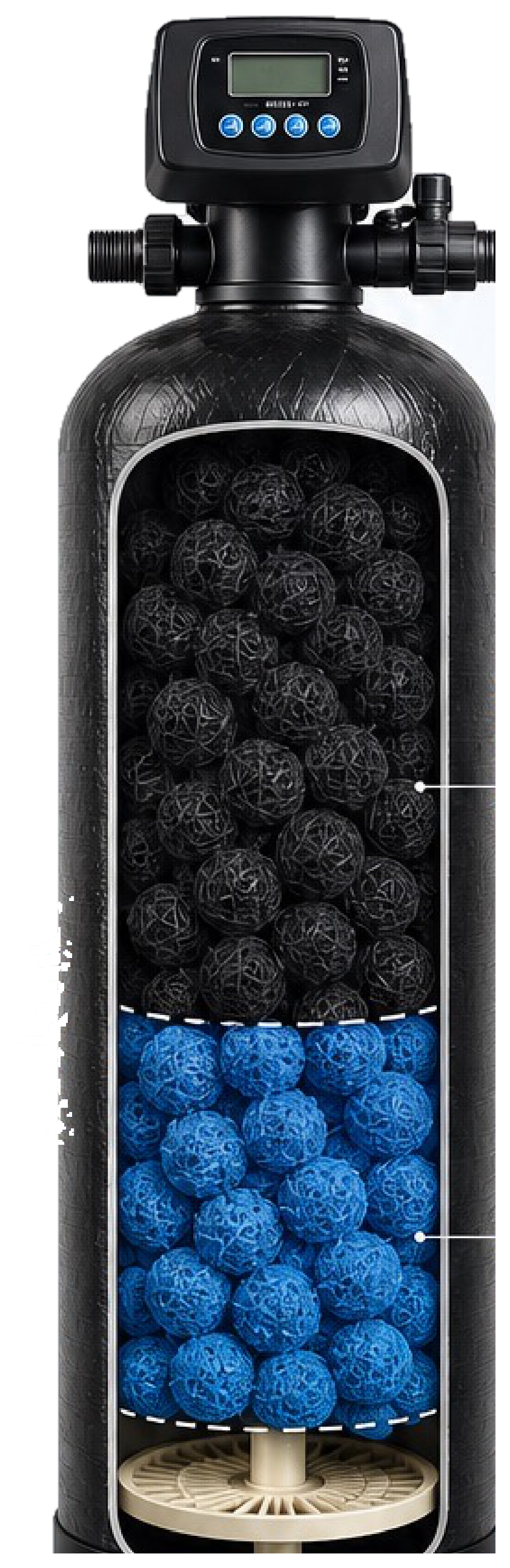 ถังกรอง X Norm ตัดให้เห็นสารกรอง Fiber Ball 2 ชั้น